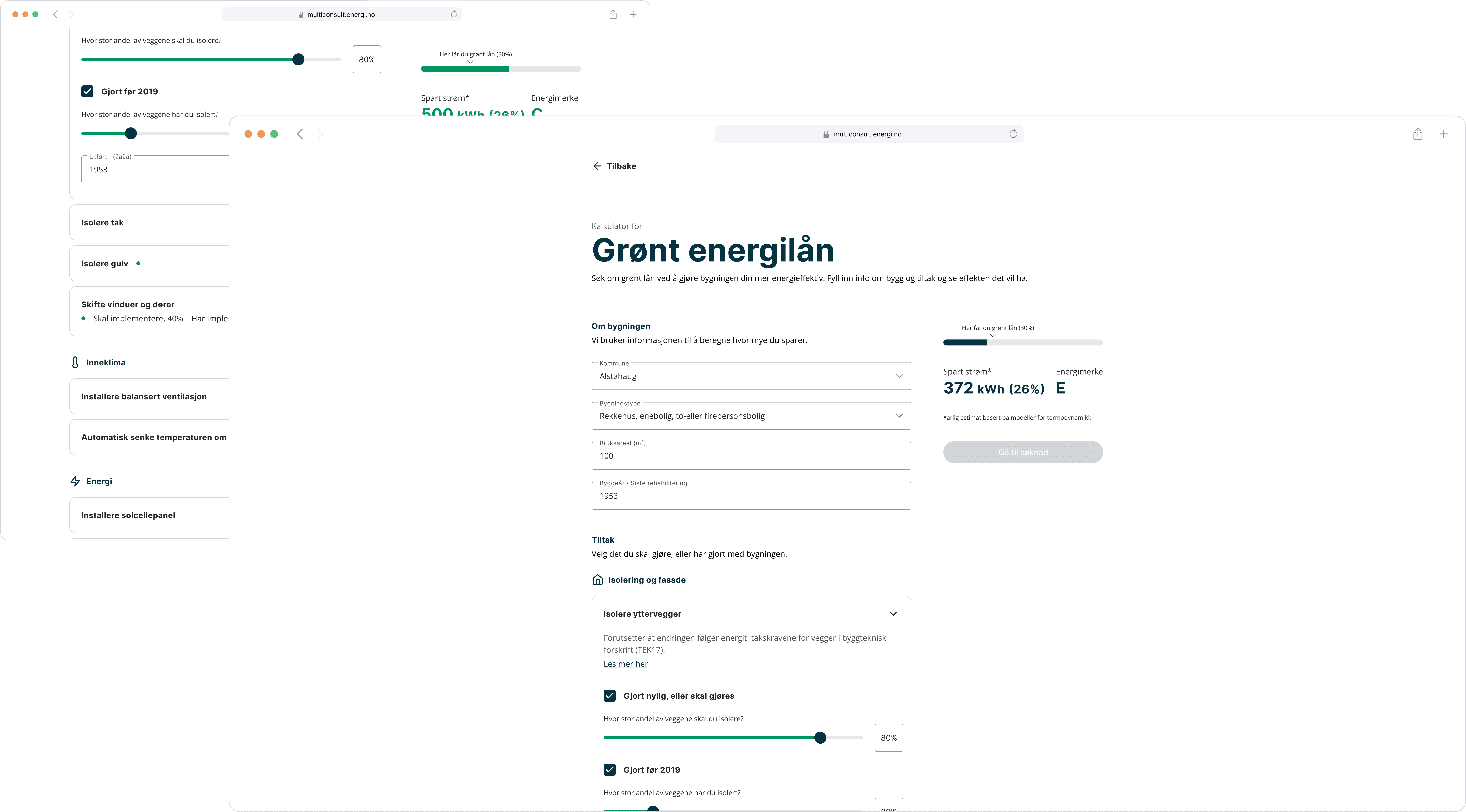 An image of two browser windows, showing the UI for the green energy calculator. White background, with checkboxes and a progress bar displaying the calculations visually.