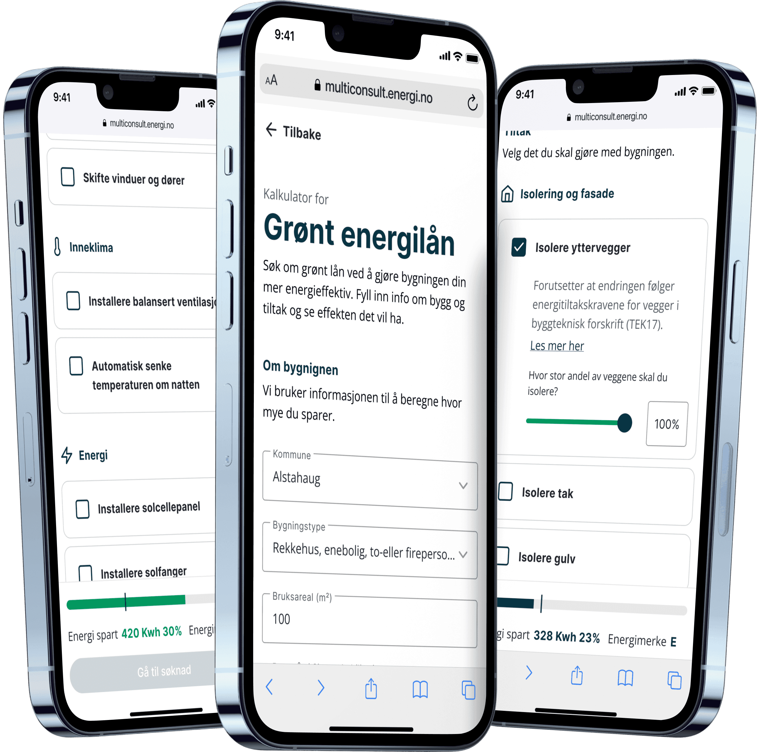 An image of three iPhone 13s with a screen showing the UI for the green energy calculator. White background, with checkboxes and a progress bar displaying the calculations visually.